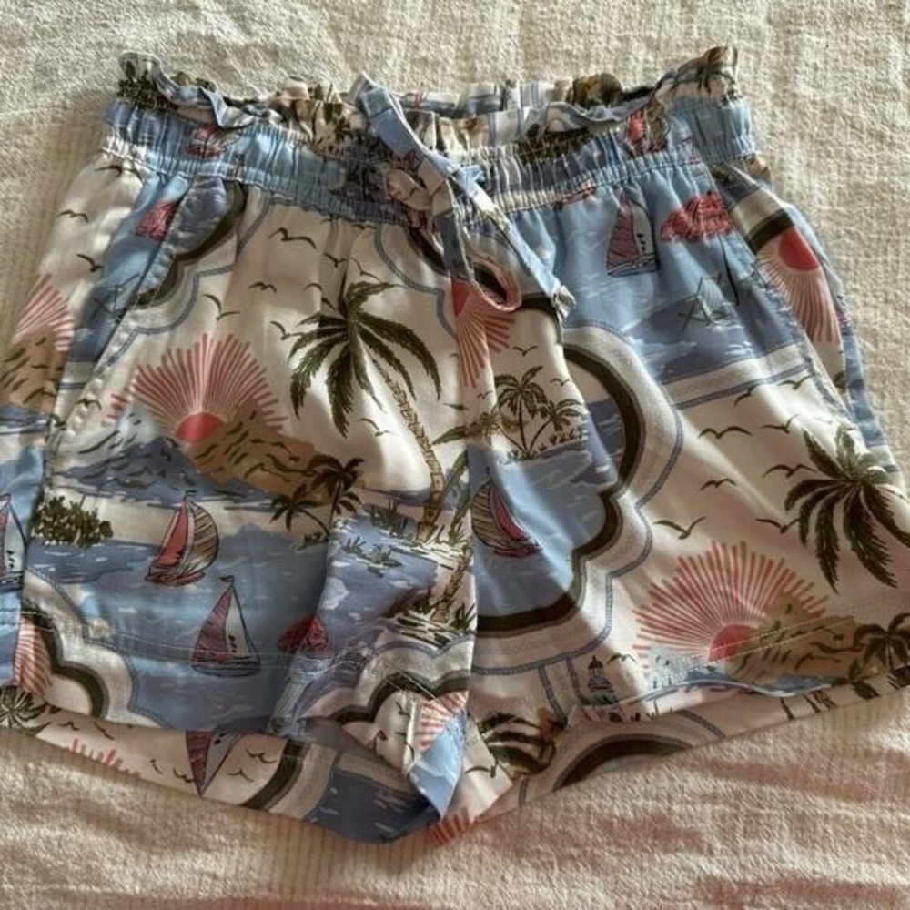 Cynthia Rowley Tropical Sailboat Print Shorts Lyocell Paperbag Waist XS‎